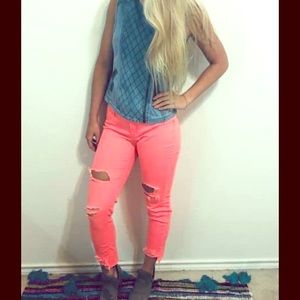 Distressed hot pink/coral jeans